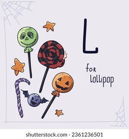 Sweets in Halloween style. Cute monster lollipops. Candies in the form of a snake, pumpkin, bat and Frankenstein. Card for learning the alphabet. Letter L.