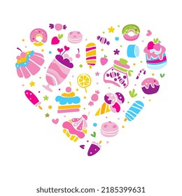 Sweets Hand Drawn Cake, Cupcake and Ice Cream Dessert Vector Heart Arrangement