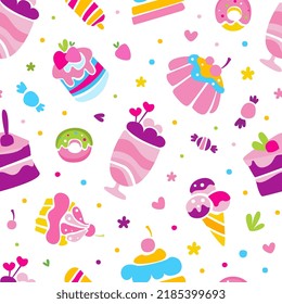 Sweets Hand Drawn Cake, Cupcake and Ice Cream Dessert Vector Seamless Pattern