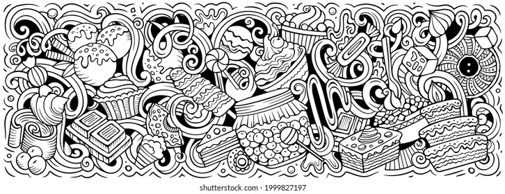 Sweets hand drawn cartoon doodles illustration. Desserts funny objects and elements poster design. Creative background. Sketchy vector banner