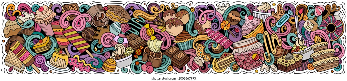 Sweets hand drawn cartoon doodles illustration. Desserts funny objects and elements poster design. Creative background. Colorful vector banner