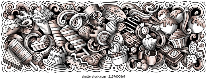 Sweets hand drawn cartoon doodles illustration. Desserts funny objects and elements poster design. Creative background. Monochrome vector banner