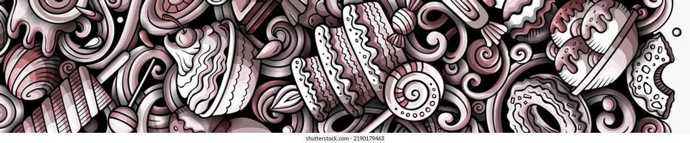 Sweets hand drawn cartoon doodles illustration. Desserts funny objects and elements background. Monochrome vector banner