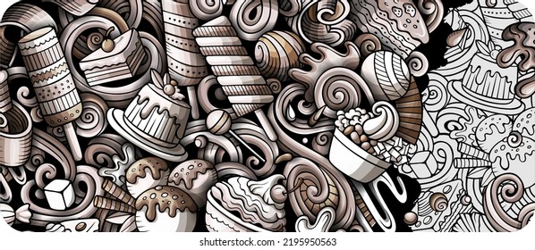 Sweets hand drawn cartoon doodles illustration. Desserts funny objects and elements background. Monochrome vector banner