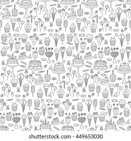 Sweets hand drawn doodle vector seamless background. Dessert illustrations pastries, birthday cake,  cupcake, ice cream, candy, lollipop, chocolate. 