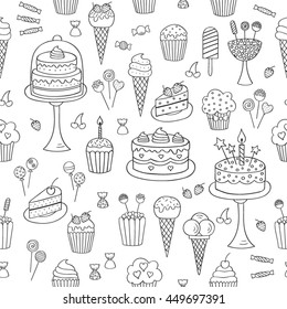 Sweets hand drawn doodle vector seamless background. Dessert illustrations pastries, birthday cake,  cupcake, ice cream, candy, lollipop, chocolate. 