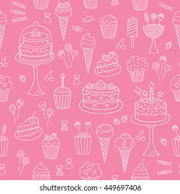 Sweets hand drawn doodle vector seamless background. Dessert illustrations pastries, birthday cake,  cupcake, ice cream, candy, lollipop, chocolate. 