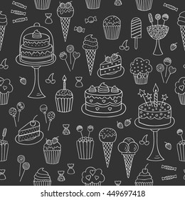 Sweets hand drawn doodle vector seamless background. Dessert illustrations pastries, birthday cake,  cupcake, ice cream, candy, lollipop, chocolate. 