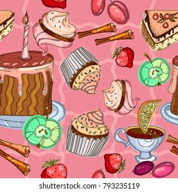 Sweets hand drawn seamless pattern vector. Sweet fashion background