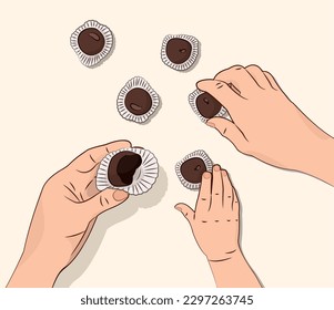 Dulces. Manos tomando dulces. Dulce familia de dientes. Ilustración vectorial.