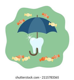 Süßigkeiten schaden gesunden Zähnen. Bonbons und Zähne sind Karies. Der Verzehr von viel Zucker ist gesundheitsgefährdend. Zahnarztgrafik, Flachdesign-Cartoon-Stil, isolierter Hintergrund.
