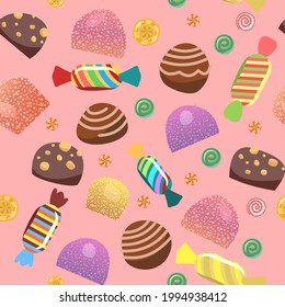 Sweets with hazelnuts. Nuts. Assorted chocolate dessert. Candy caramel wrapped. Seamless pattern. Flat background illustration. Vector
