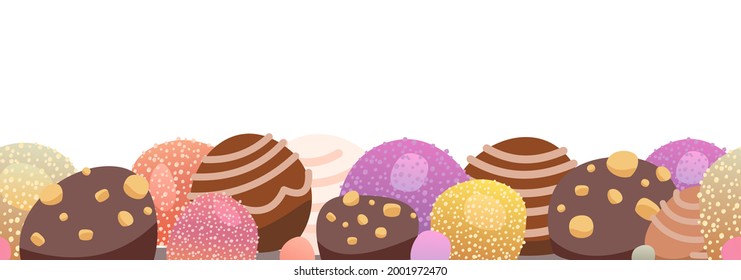 Sweets with hazelnuts. Nuts. Assorted dessert chocolate and marmalade. Candy caramel, jelly. Isolated. Bottom seamless border. Flat Background illustration. Vector