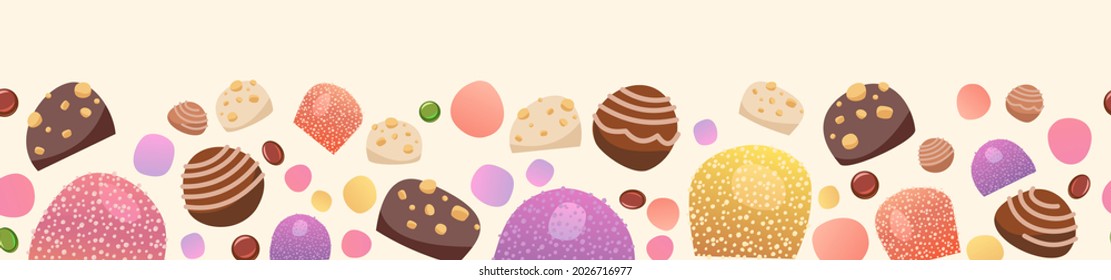 Sweets with hazelnuts. Nuts. Assorted dessert chocolate and marmalade. Candy caramel, jelly. Bottom seamless border. Flat Background illustration. Vector