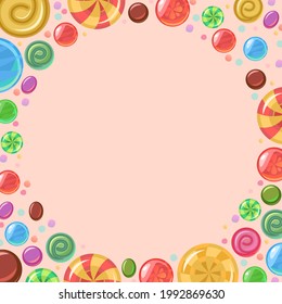 Sweets with hazelnuts. Round frame. Assorted dessert. Candy caramel. Lollipops. Flat background illustration. Vector..vertical