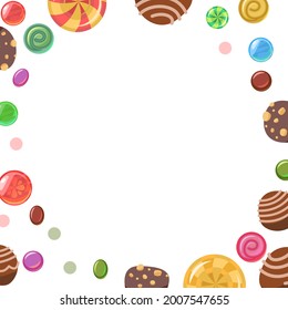 Sweets with hazelnuts. Round frame. Assorted chocolate dessert. Candy caramel. Lollipops. Flat background isolated illustration. Vector..vertical. Vector