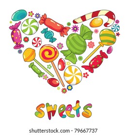 Sweets heart. Vector illustration with different types of sweets