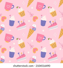 Sweets with hearts, cakes, ice cream, lollipops. Vector seamless pattern in flat style