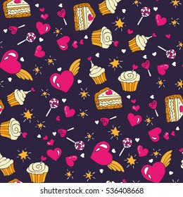 Sweets and hearts vector seamless pattern