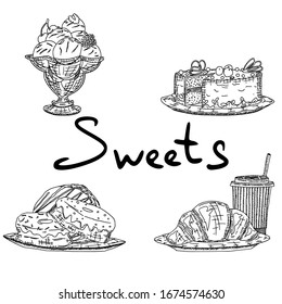 sweets ice cream cake donuts croissant. vector stock illustration