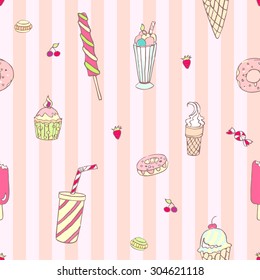 Sweets, ice cream, cakes, hand-drawn. Vector. Seamless pattern.