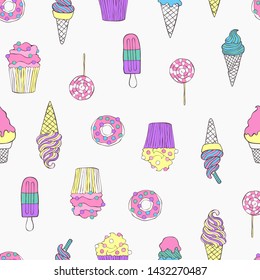 Sweets. Ice cream, donuts, cupcakes. Dessert Seamless vector pattern (background). Food. Cartoon print.