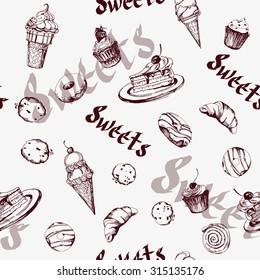 Sweets and Ice cream. Seamless pattern with hand drawn  Sweets and  ice cream. Vector illustration.