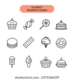 Concepto de conjunto de iconos de dulces. Símbolo de desierto de estilo de línea de vector