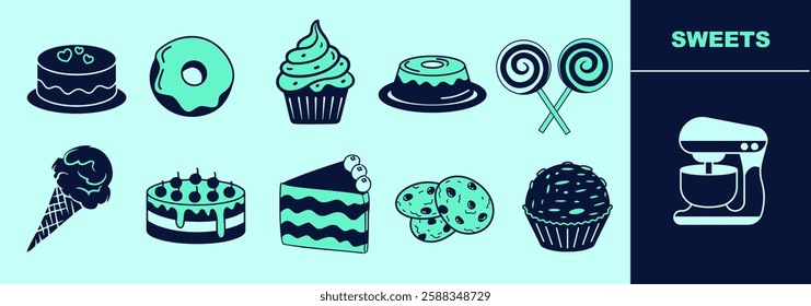 Sweets icon set for logo or digital work. Icons of dessert, doughnut, cake, muffin, candy, jelly, cookies, icecream cone and other. Editable elements, size and color.