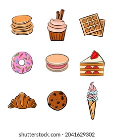 Sweets icon set vector illustration isolated clip art graphic sticker pack cartoon style food cake waffle pancake croissant ice cream donut cookies 
