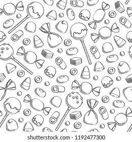 Sweets icons background - cake pops, lollipops, jelly, candy corn, candy vector illustration. Sketch style