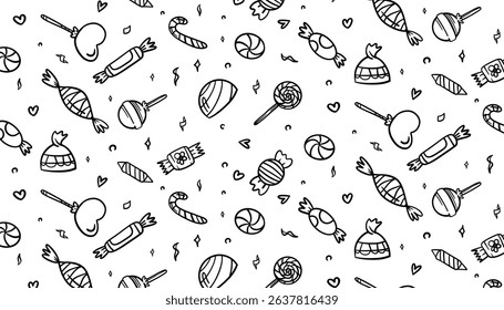 Sweets icons background featuring cake pops, lollipops, jelly, candy corn, and candy. Hand-drawn sketch style vector illustration. Perfect for party designs, packaging, kids’ projects