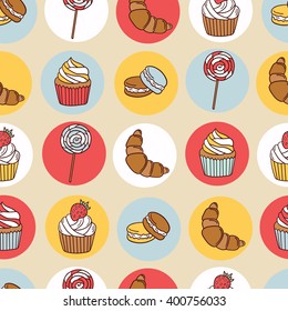 Sweets icons hand drawn seamless pattern. Colorful background with set of confectionery. Backdrop with cupcakes, macaroon and lollipops. Decorative wallpaper, good for printing
