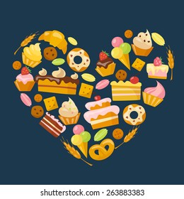 Sweets icons heart shape set in flat style 