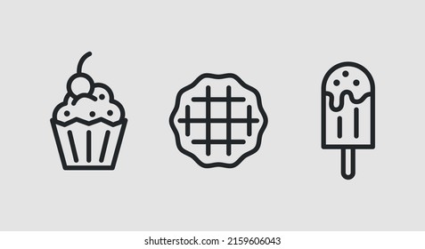 Sweets icons. Ice cream, cupcake, waffle minimal icons. Design signs for cafe, restaurant menu, web page, mobile app, logo, banner, packaging design. Vector illustration