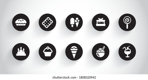 Sweets icons on black circle button with symbols: cake, candy, pastry, ice cream.
