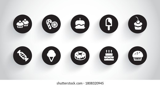 Sweets icons on black circle button with symbols: cake, candy, pastry, ice cream.