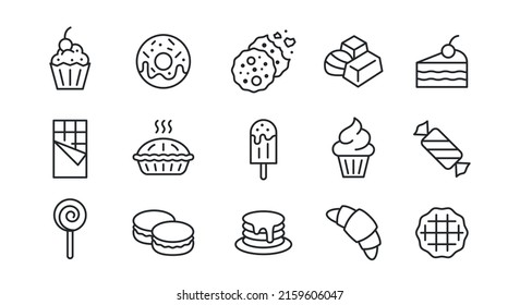 Sweets icons. Set of 15 sweets trendy minimal icons. Ice cream, candies, cakes, etc. Design signs for cafe, restaurant menu, web page, mobile app, logo, banner, packaging design. Vector illustration