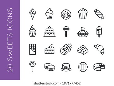 Sweets icons. Set of 20 sweets trendy minimal icons. Ice cream, candies, cakes, etc. Design signs for cafe, restaurant menu, web page, mobile app, logo, banner, packaging design. Vector illustration