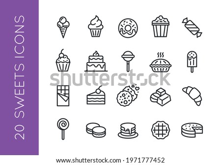 Sweets icons. Set of 20 sweets trendy minimal icons. Ice cream, candies, cakes, etc. Design signs for cafe, restaurant menu, web page, mobile app, logo, banner, packaging design. Vector illustration