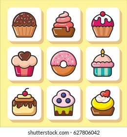 Sweets icons set - cupcakes, cakes, muffins. Vector Isolated flat colorful illustration.