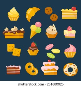 Sweets icons set in flat style on dark background
