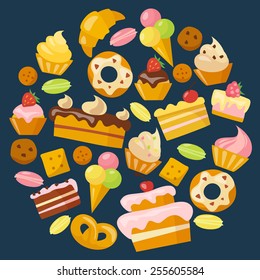 Sweets icons set in flat style 