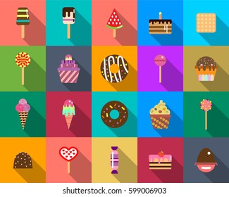 Sweets icons set in flat style with long shadow. Food set.