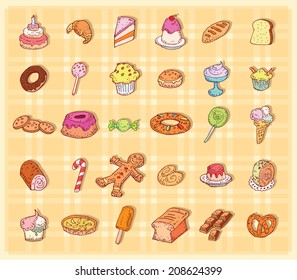 Sweets icons set, vector illustration. 