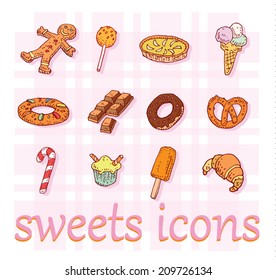 Sweets icons set, vector illustration. 