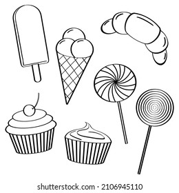 Sweets icons set. Vector illustration of ice cream, cupcakes, lollipops and croissant. Isolated on white background.