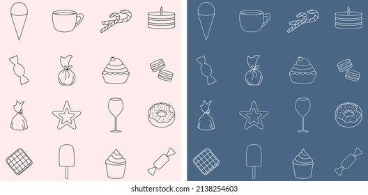 Sweets icons. Simple line art. Ice cream, candy, cake, donut, waffle. Pink and blue background. Vector texture.