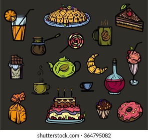 Sweets icons. Vector illustration. Hand drawing on a graphic tablet.On a black background.