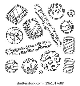 Sweets illustration vector set in doodle style. Ornate, decorative, food design elements. Black and white illustration. Candy, caramel, snacks. Zentangle coloring book page